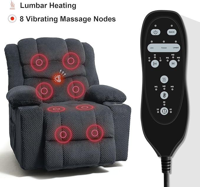 Power Lift Recliner Chair for Living Room Elderly with Massage Recliners Footrest Cup Holder Oversized Electric Heated Reclining Single Sofa Chairs Storage (Grey)