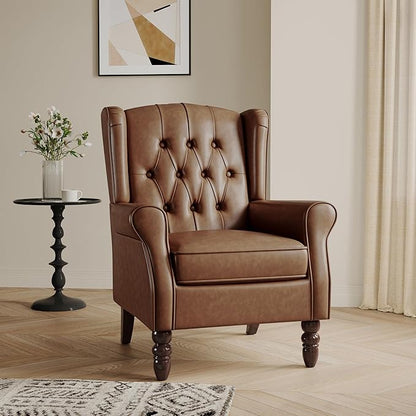 Lumibee High Back Accent Chair,Upholstered Faux Leather Wingback Armchair with Solid Wood Legs for Small Spaces,Comfy Single Sofa Chair for Living Room,Bedroom,Office-Brown