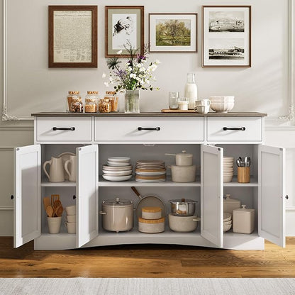 Gizoon Sideboard Buffet Cabinet with Storage, Modern Kitchen Sideboard and Coffee Bar with Drawers and Doors, Wood Buffet Table for Dining Room, 15.2" D x 55.1" W x 31.9" H, White/Grey
