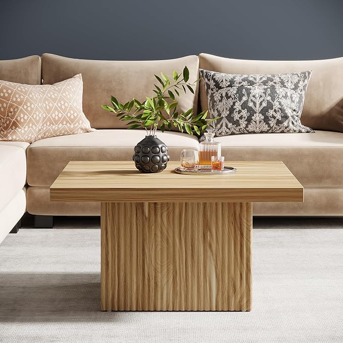 Tribesigns Square Coffee Table, 31.5-Inch Fluted Coffee Table, Mid-Century Modern Living Room Table, Large Cocktail Table for Living Room, Easy Assembly, Oak