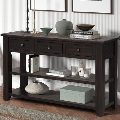 LKTART Solid Wood Console Table,Sofa Table with Storage Drawers and Bottom Shelf,Entryway Table for Entry Hallway Foyer,Easy Assembled (48.8" Distressed Black)