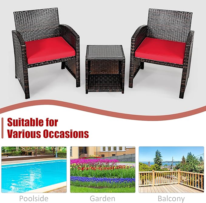COSTWAY 3 Pieces Patio Furniture Sets, Outdoor Rattan Conversation Set with Tempered Glass Tabletop and Soft Cushion, Wicker Cushioned Chair Sofa for Backyard, Porch, Poolside, Lawn, Red