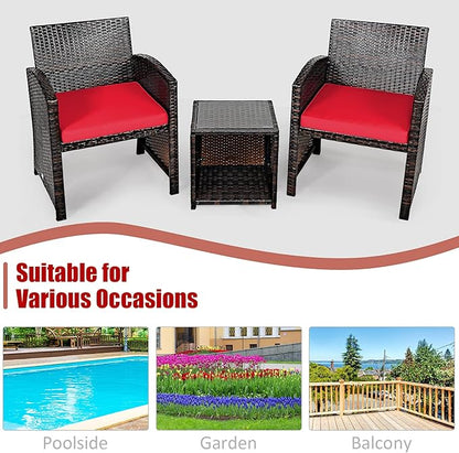 COSTWAY 3 Pieces Patio Furniture Sets, Outdoor Rattan Conversation Set with Tempered Glass Tabletop and Soft Cushion, Wicker Cushioned Chair Sofa for Backyard, Porch, Poolside, Lawn, Red