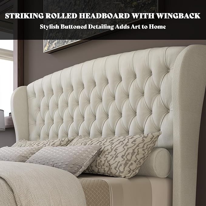 AMERLIFE California King Size Platform Bed Frame, Velvet Upholstered Sleigh Bed with Scroll Wingback Headboard & Footboard/Button Tufted/No Box Spring Required/Cream