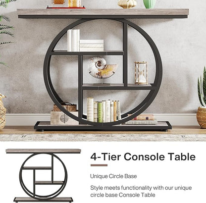 Tribesigns 41.3" Console Table, Industrial 4-Tier Sofa Table Entryway Table with Circle Base, Narrow Wood Accent Tables with Storage Shelves for Living Room, Hallway, Foyer, Gray