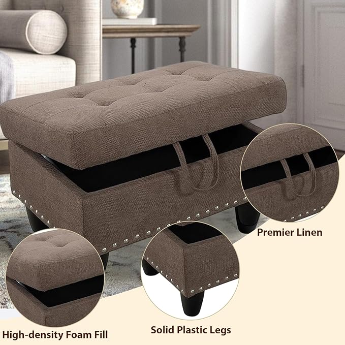 Linen Fabric Storage Ottoman with Nailhead Trim, 28.5"X19.5"X17.5" Footrest Stool, Hidden Storage Foot Stool for Living Room, Bedroom Furniture, Gray-Brown