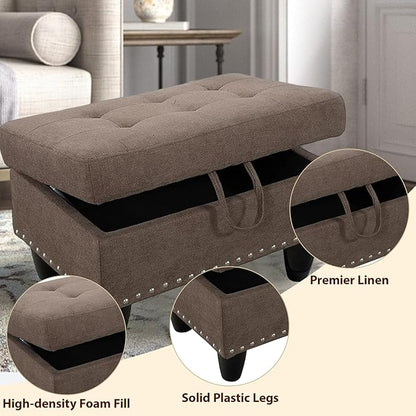 Linen Fabric Storage Ottoman with Nailhead Trim, 28.5"X19.5"X17.5" Footrest Stool, Hidden Storage Foot Stool for Living Room, Bedroom Furniture, Gray-Brown