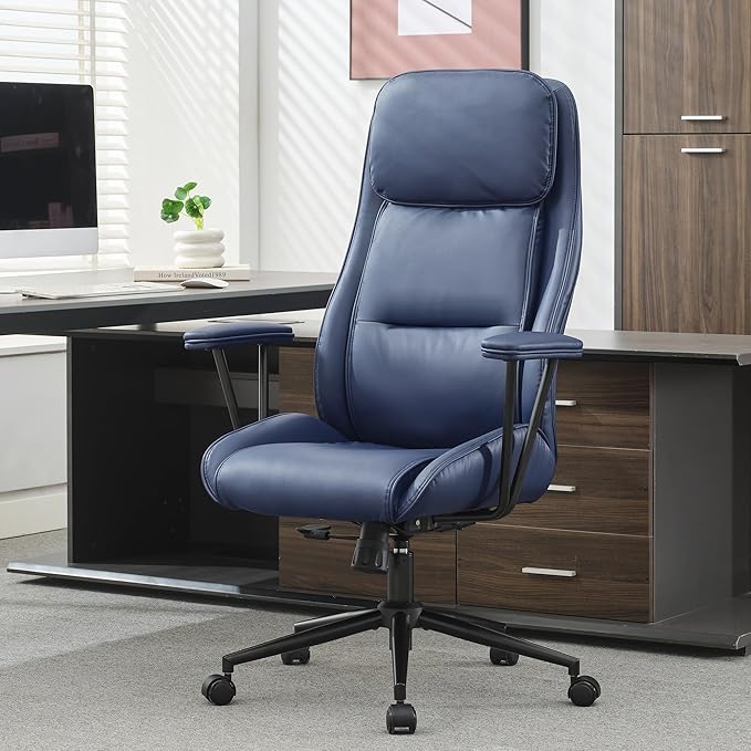 High Back Office Desk Chair,Ergonomic Reclining Office Chair,Modern Swivel Computer Chair,Conference Room Chairs,Navy Blue Leather Chair with Lumbar Support,330lbs