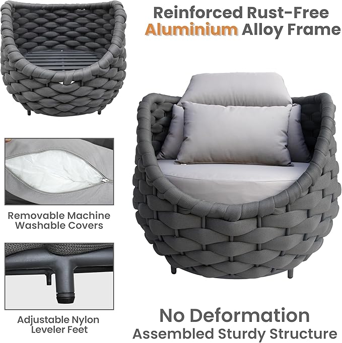 6-Piece Alumunim Outdoor Seating Set: All-Weather Patio Accent Furniture Sofa Set, Hand Woven Rope, No Assembly, Modern Garden Lounge Conversation Set for Backyard Deck Porch Poolside Hotel