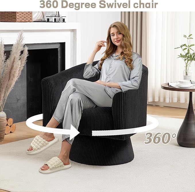 Swivel Accent Chair, Modern 360° Swivel Barrel Chair, Corduroy Upholstered Single Sofa for Living Room, Bedroom(Black)