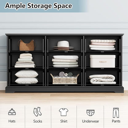 9 Drawer Dresser for Bedroom, 63" Wide Wooden Chest of Drawers, Rustic Farmhouse Dresser with Large Drawers & Metal Handles, Modern Storage Organizer for Closet, Living Room, Hallway, Black