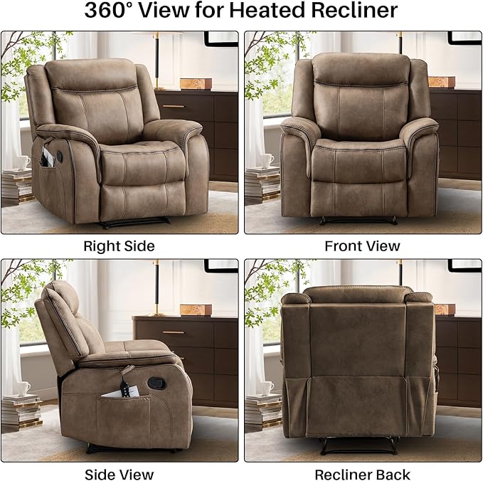 Massage Recliner Chair with Heated, Faux Leather Recliner Chairs for Adults, 39" Manual Reclining Ergonomic Lounge Chair for Living Room with Overstuffed Backrest, Side Pocket, Nut Brown