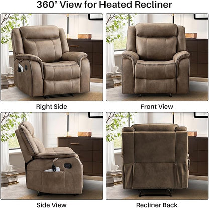 Massage Recliner Chair with Heated, Faux Leather Recliner Chairs for Adults, 39" Manual Reclining Ergonomic Lounge Chair for Living Room with Overstuffed Backrest, Side Pocket, Nut Brown