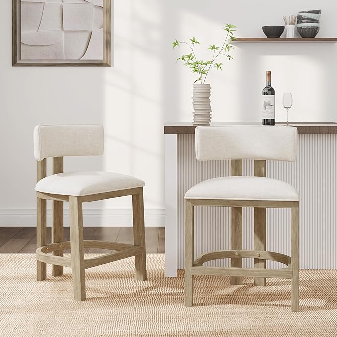 Christopher Knight Home Minso Wooden Counter Height Bar Stools Set of 2, Comfy Upholstered Barstools with Backrest/Footrest, Counter Stool for Kitchen Island/Home Bar Table, Light Ash + Beige