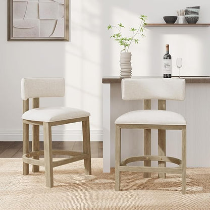 Christopher Knight Home Minso Wooden Counter Height Bar Stools Set of 2, Comfy Upholstered Barstools with Backrest/Footrest, Counter Stool for Kitchen Island/Home Bar Table, Light Ash + Beige