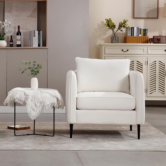 Velvet Accent Chair, Comfy Upholstered Single Sofa Chair Mid-Century Modern Armchair with Thick Cushion and Wood Frame Side Chair for Living Room Bedroom Apartment (Ivory)