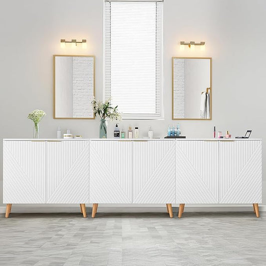 Fluted Storage Cabinet with Doors Set of 3, Wooden Sideboard Buffet Cabinet with Adjustable Shelves, Modern Accent Table for Living Room, Entryway, White