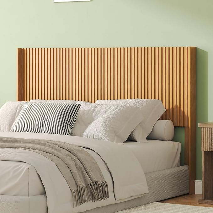 COCO DESIGN Queen Size Headboard Only, 64.3" Wide Wooden Headboard, Mid Century Modern Farmhouse Boho HeadBoard, Fluted Panel, Wingback Design, Wall Mount, Natural