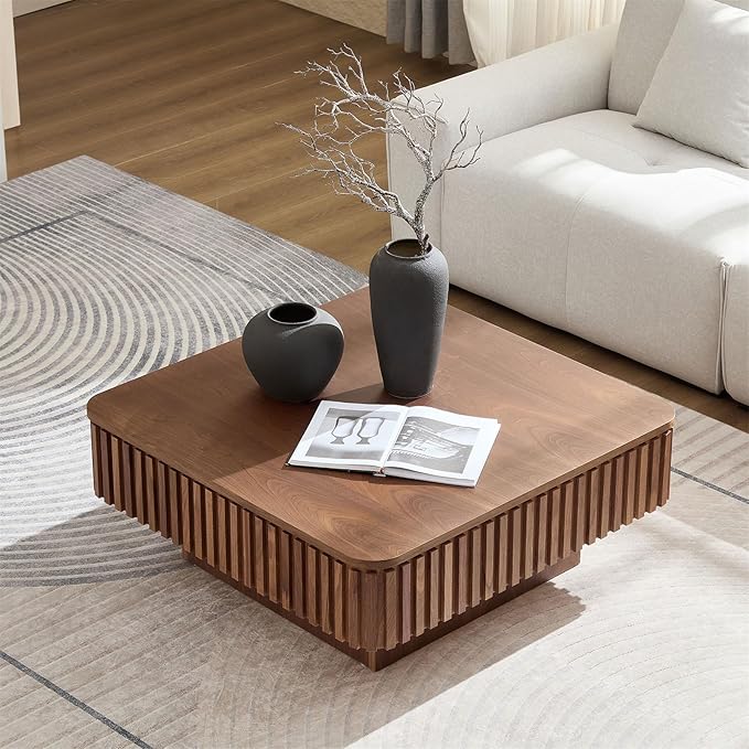 Square Lift-top Coffee Table for Living Room, Fluted Coffee Tables with Hidden Storage, Solid Wood Veneered Modern Tea Center Table for Small Space Apartment (Walnut-35.43''D×14.57''H)