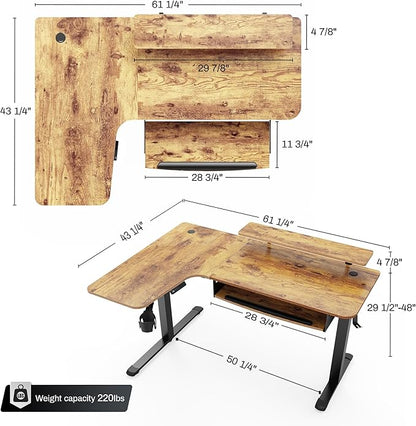 EUREKA ERGONOMIC Standing Desk with Keyboard Tray, Computer Desk, 61" L Shaped Electric Adjustable Height Desk w Monitor Stand LED, Corner Sit Stand Desk Gaming Desk, Dual Motor,Left/Rustic Brown