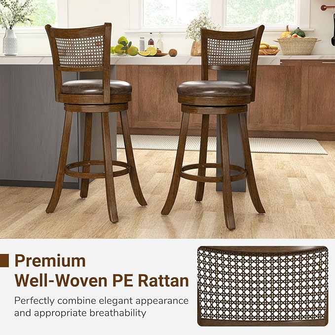 COSTWAY 30” Swivel Bar Height Barstool Set of 2, Rubber Wood Bar Stools with Rattan Backrest, Footrest, Upholstered Leathaire Armless Chairs for Kitchen Island, Pub, Brown (4, 30” Seat Height)