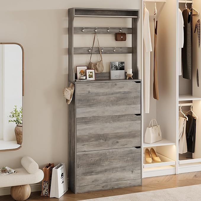 Tall Shoe Cabinet with Coat Rack, Hidden Shoe Storage Cabinet with Doors & Drawer, Hanging Bar & Hooks, Slim Narrow Freestanding Shoe Rack Organizer for Entryway, Hallway & Living Room, Grey