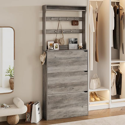 Tall Shoe Cabinet with Coat Rack, Hidden Shoe Storage Cabinet with Doors & Drawer, Hanging Bar & Hooks, Slim Narrow Freestanding Shoe Rack Organizer for Entryway, Hallway & Living Room, Grey