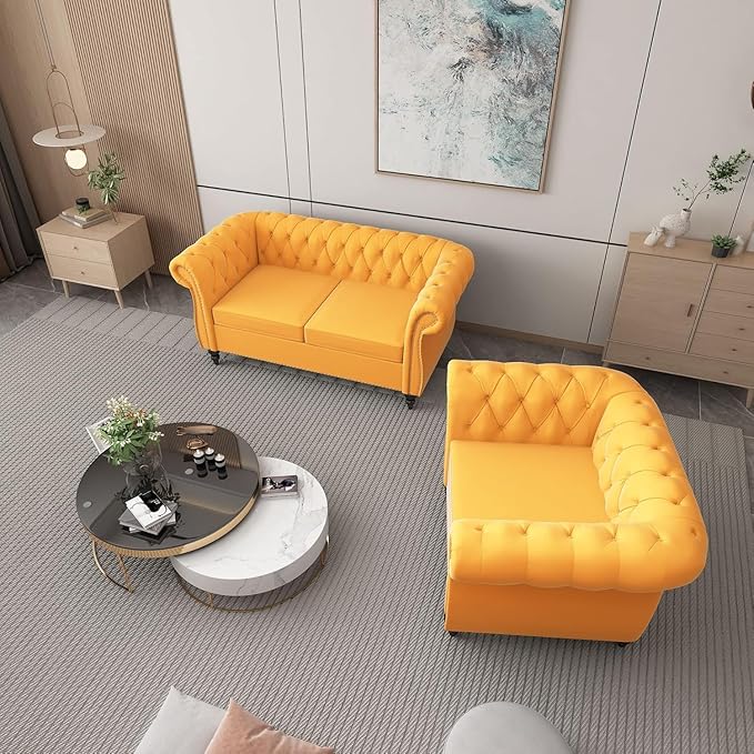 Chesterfield Loveseat Sofa, Modern Velvet Small Sofa Couch 2 Seater with Rolled Arms and Nailhead, Mid Century Modern Loveseat Couch for Small Spaces Living Room Bedroom Apartment, Yellow