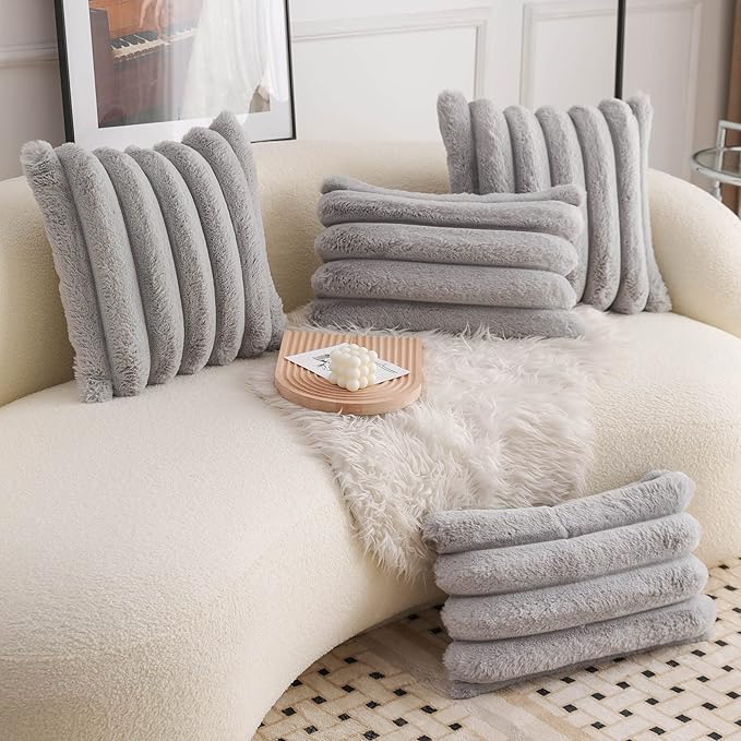 Neelvin Grey Faux Fur Cozy Soft Striped Decorative Throw Pillow Covers 24x24 inch Set of 2,Velvet Pillowcase Cushion Case for Sofa Couch