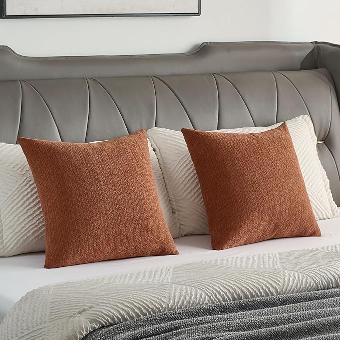 FUTEI Rust Chenille Throw Pillow Covers 16x16 Inch Set of 2,Soft Striped & Diamond Textured Cushion Cases,Modern Home Decor for Couch Living Room