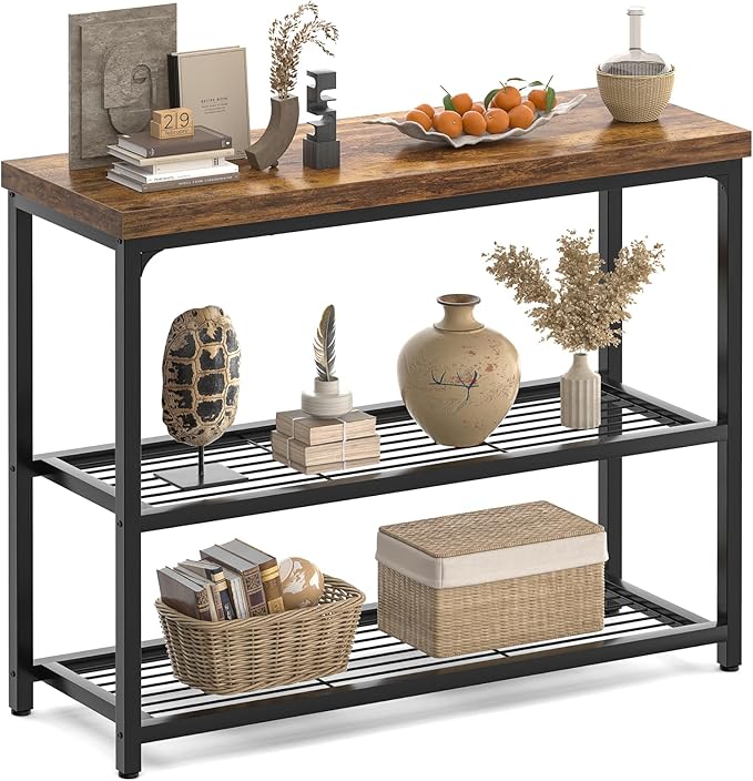 32" Small Console Table with Storage, Narrow Entryway Table, Sofa Table for Living Room, Sturdy 3-Tier Console Tables for Living Room, Hallway, Foyer & Bedroom, Rustic Brown