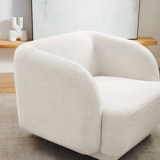VANOMi Oversized Living Room Chair, Modern Comfy Accent Barrel Chairs, Single Sofa Chair with Wood Legs, Upholstered Armchair for Bedroom, Office, Waiting Room (White)