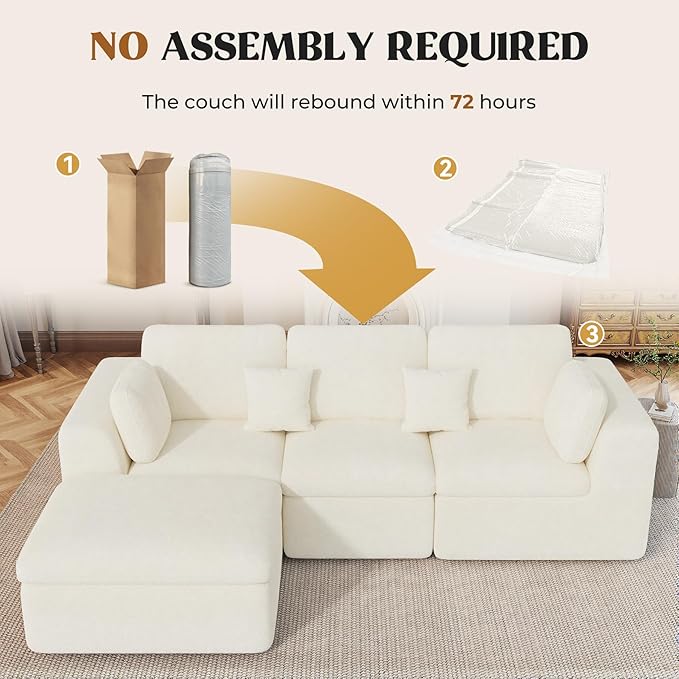 144" Cloud Sectional Couches for Living Room, Convertible U-Shape Couch with Ottoman, 6 Seater Modular Sectional Sofa,Beige Chenille
