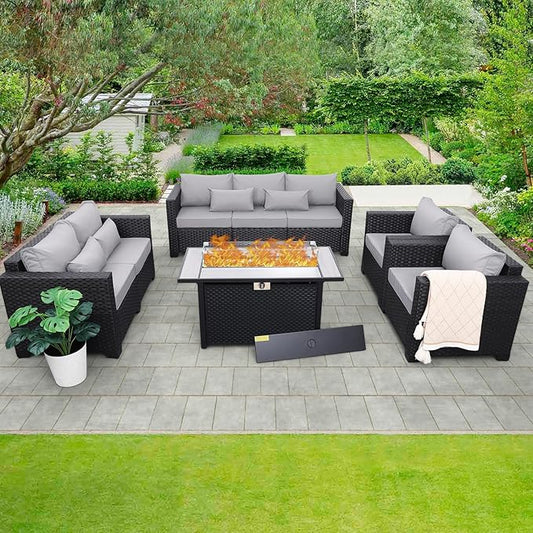 Rattaner 5 Pcs Outdoor Furniture Sets Patio Furniture Set with 45" Fire Pit Patio Couch Outdoor Chairs 60000 BTU Steel Propane Fire Pit Table No-Slip Cushions and Waterproof Covers, Light Grey