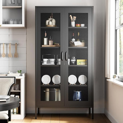 73 Inches Black Metal Storage Cabinet with Mesh Doors, 5 Tier Display Cabinet for Home Office, Metal Kitchen Pantry Storage Cabinet with 4 Adjustable Shelves