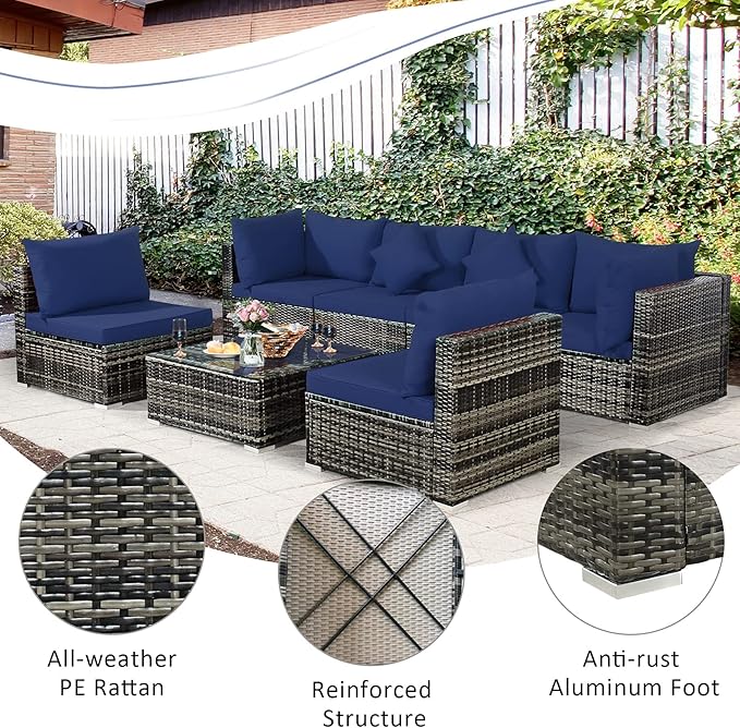 Tangkula 7 Pieces Patio Rattan Furniture Set, Patiojoy Outdoor Conversation Set with Cushions and Tempered Glass Coffee Table, All-Weather Sectional Sofa Set for Garden, Lawn, Backyard (Navy Blue)