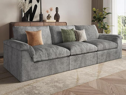 EASE MOOSE Oversized Boneless Couch for Living Room, Sectional Cloud Sofa, Modular Cloud Couch, 3-Seater Deep Seat Sofas with Pillow for Bedroom, Apartment, No Assembly Required, Chenille (Grey)