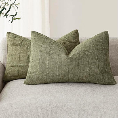 Foindtower Set of 2 Decorative Linen Check Throw Pillow Covers Neutral Farmhouse Lumbar Cushion Covers Modern Boho Home Decor for Sofa Chair Couch Bedroom Living Room,12×20 Inch,Sage Green