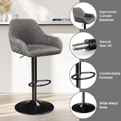 Yaheetech Bar Stools Set of 2, PU Leather Swivel Counter Height Barstools, Adjustable Bar Chairs with Backrest and Footrest, Kitchen Island Stool for Home Kitchen, Grey