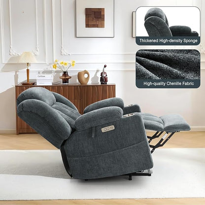 Large Power Lift Recliner Chair, Heavy Duty Steel Mechanism Chenille Fabric High-Density Sponge, USB & Type-C Port Standing Assistance Blue Reclining Chair with Massage and Heat