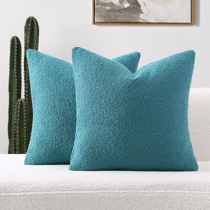 FUTEI Pack of 2 Teal Blue Decorative Throw Pillow Covers 22x22 Inch Soft Cozy Solid Boucle Textured Cushion Case,Modern Home Decor for Couch Bed Living Room