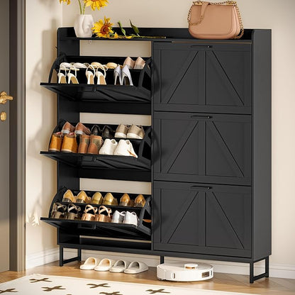 Shoe Cabinet Storage for Entryway, Shoe Storage Cabinet with 6 Flip Drawers, Freestanding Narrow Shoe Rack Organizer with Metal Legs, Adjustable Shelves & Open Storage for Foyer, Hallway, Black