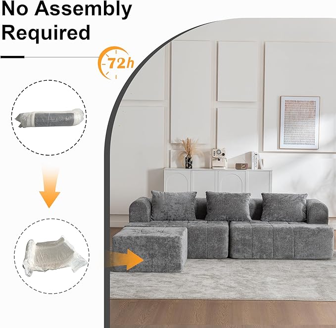 95" Modern Cloud Sectional Sofa Couch, Modular L-Shaped Sofas with Deep Seat and Chaise Ottoman, Chenille Boneless Tufted Couches for Living Room, No Assembly Required, Grey