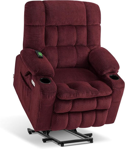 MCombo Dual Motor Power Lift Recliner Chair for Elderly, Lay Flat Lift Chair with Heat and Massage, Petite Lift Chair, Cup Holders, USB A&C Ports, Fabric 7893 (Small, Burgundy)