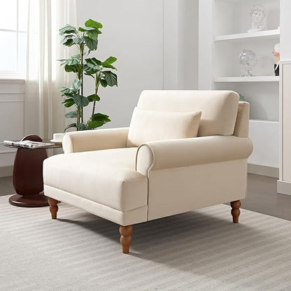 Merax Accent Chair with Circular Armrests, Upholstered Armchair Single Sofa with Vintage Roman Column Legs for Living Room, Bedroom, Study, Ergonomic Lumbar, Velvet, Beige