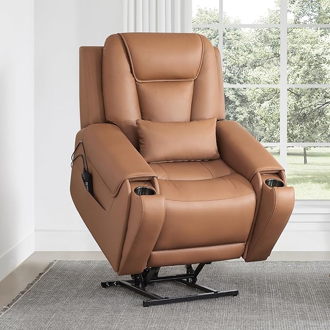 CHITA Electric Power Lift Recliner Chair for Elderly with Massage and Heat, Large Lay Flat Genuine Leather Recliner Chair with Cup Holders, USB Ports, Power Headrest, Independent Backrest, Saddle