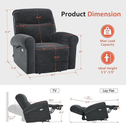 MCombo Dual Motor Power Lift Recliner Chair with Massage and Heat for Elderly, USB Ports, Lay Flat, Fabric 7666 (Dark Grey)
