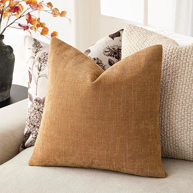 Foindtower Set of 2 Soft Textured Chenille Throw Decorative Pillow Covers Square Accent Solid Cushion Cover Neutral Farmhouse Pillow Case for Couch Sofa Bedroom Living Room 18x18 Inch,Golden Brown