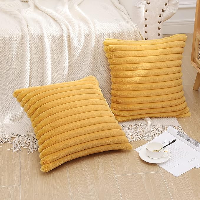 Pallene Faux Fur Plush Throw Pillow Covers 20x20 Set of 2, Luxury Soft Fluffy Striped Decorative Pillow Covers for Sofa, Couch, Living Room, Mustard Yellow