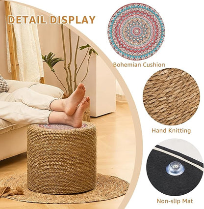 Wimarsbon 18'' Ottoman Pouf, Natural Braided Poof, Rustic Handweave Lounge Pouffe, Boho Footrest Stool for Bedroom, Accent Table for Living Room (18inch Natural Cattail-Boho Style 1)